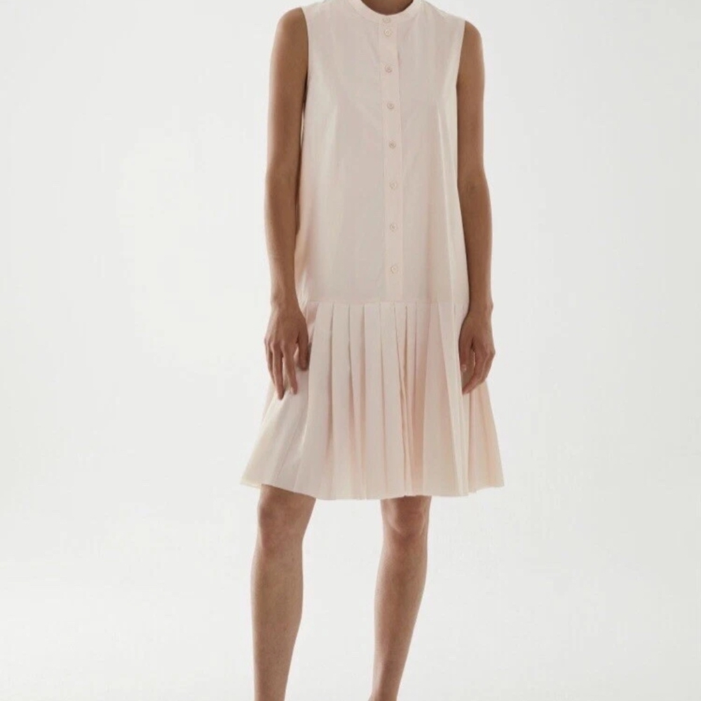 COS Cotton Blend Pleated Drop Waist Minimilist Dress Pockets, Size 8 Cream